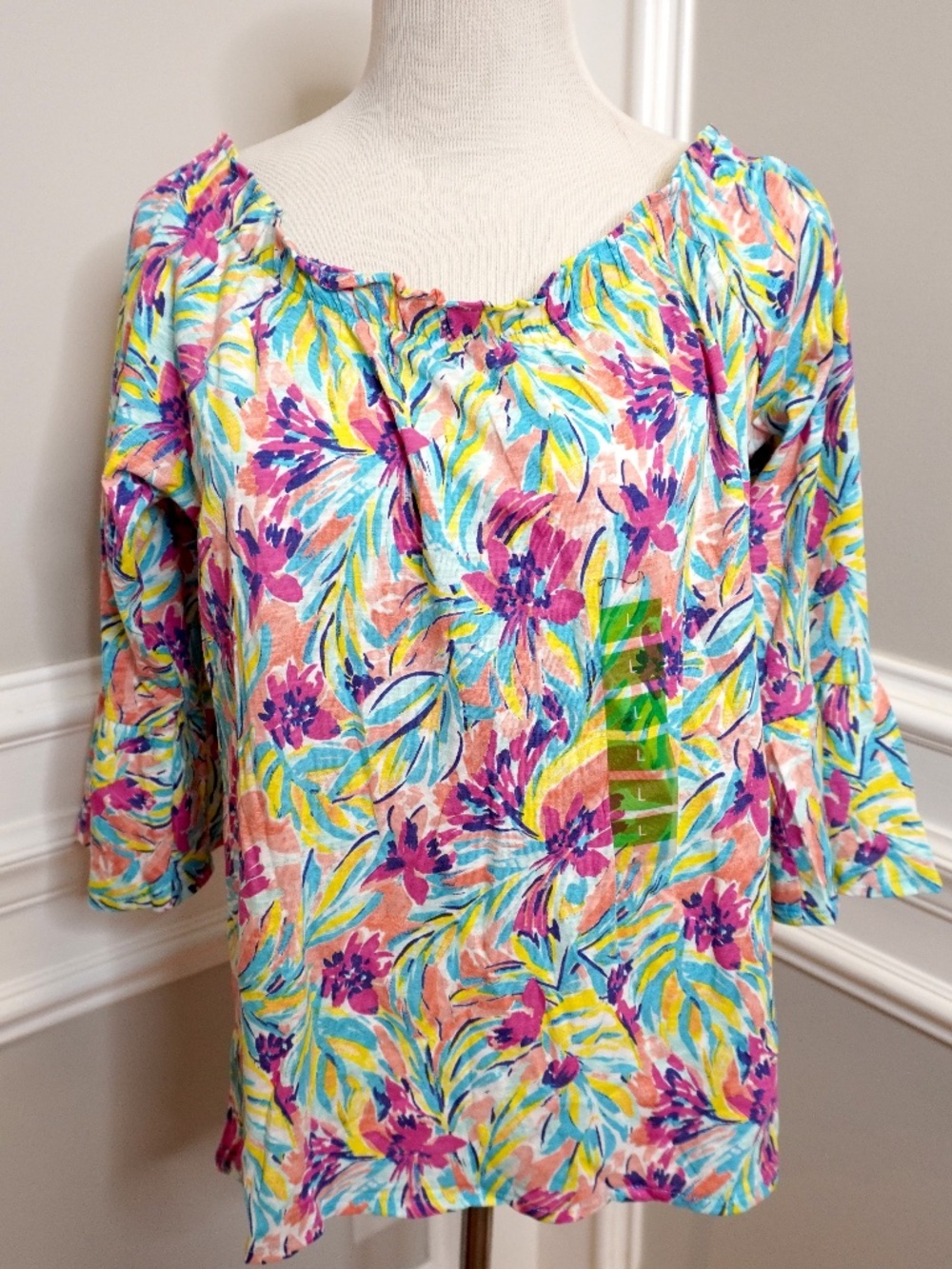 NEW Stella Parker Top Womens Multicolor Floral Print Bell Sleeve, Size L